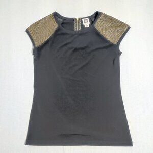 Anne Klein sleeveless blouse women's sz S black with gold decoration on shoulder